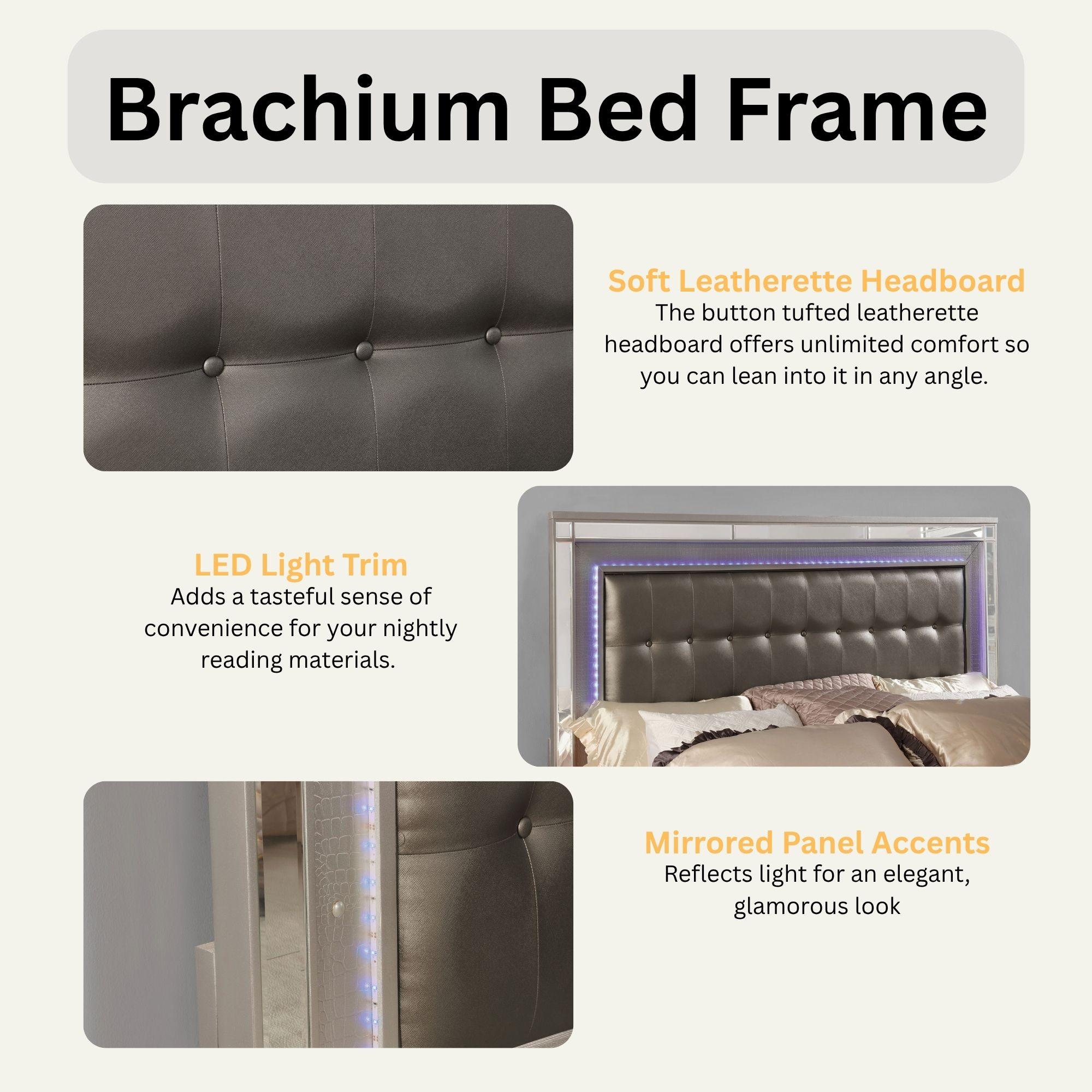 Brachium Glam LED Upholstered Bed Only – Mirrored Panel Frame, Button-Tufted Leatherette Headboard, LED Light Trim, Silver or White Finish Brachium Glam LED Upholstered Bed Only – Mirrored Panel Frame, Button-Tufted Leatherette Headboard, LED Light Trim, Silver or White Finish