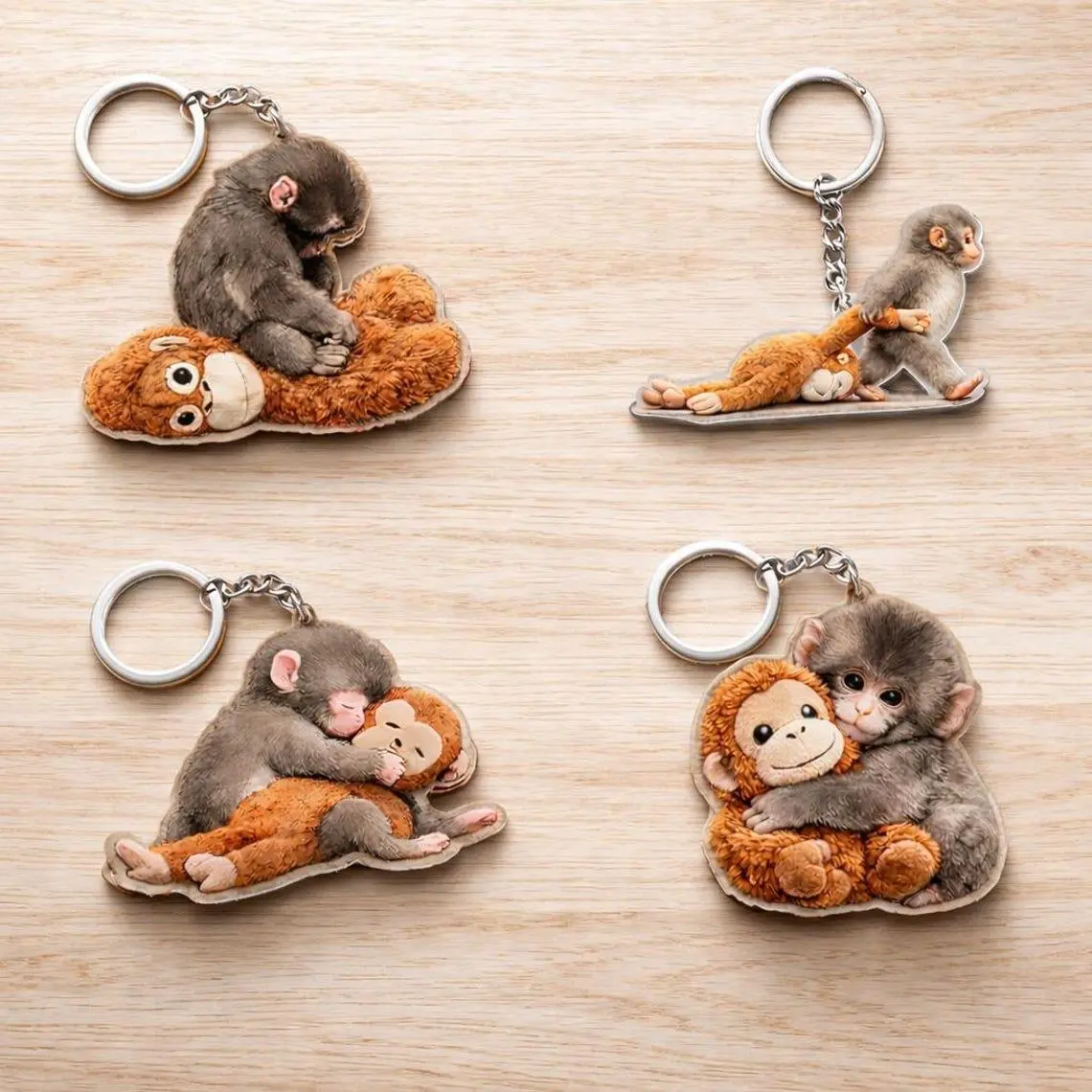 Cute Baby Monkey Hug – Adorable Wooden and Acrylic Keychain – Custom Shape Gift for Animal Lovers