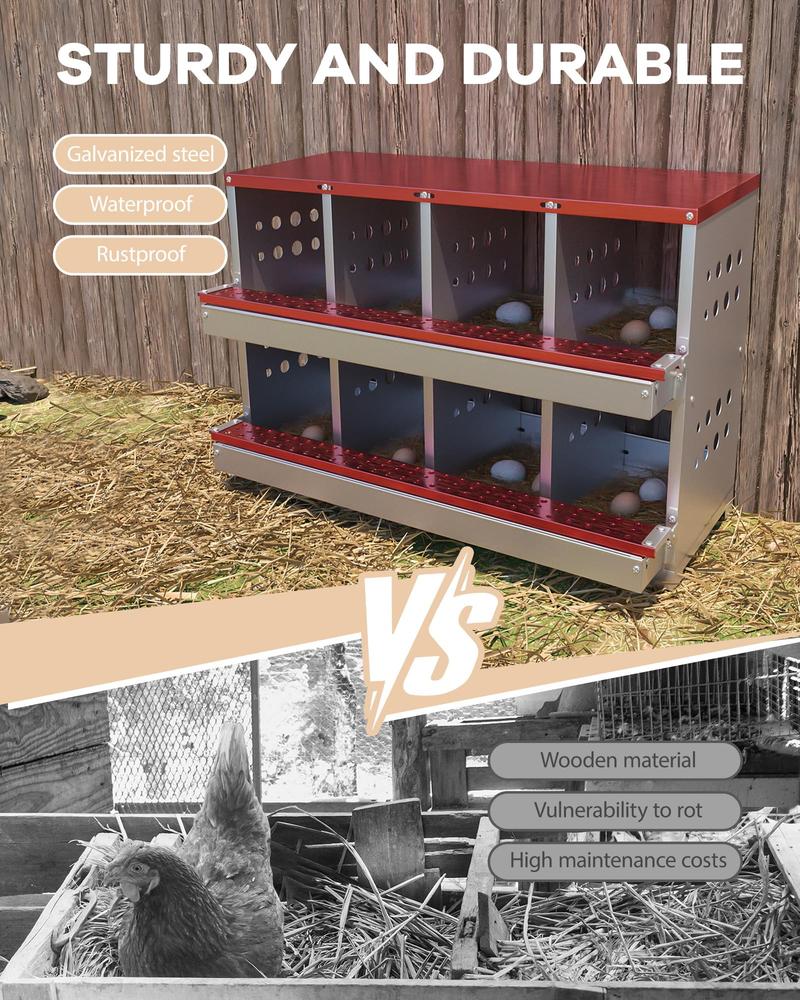 GARVEE 8-Hole Chicken Nesting Box with Metal Roll Away Automatic Egg Collection, Galvanized Steel, Waterproof, Ventilated, Wall-Mountable for Farm Use