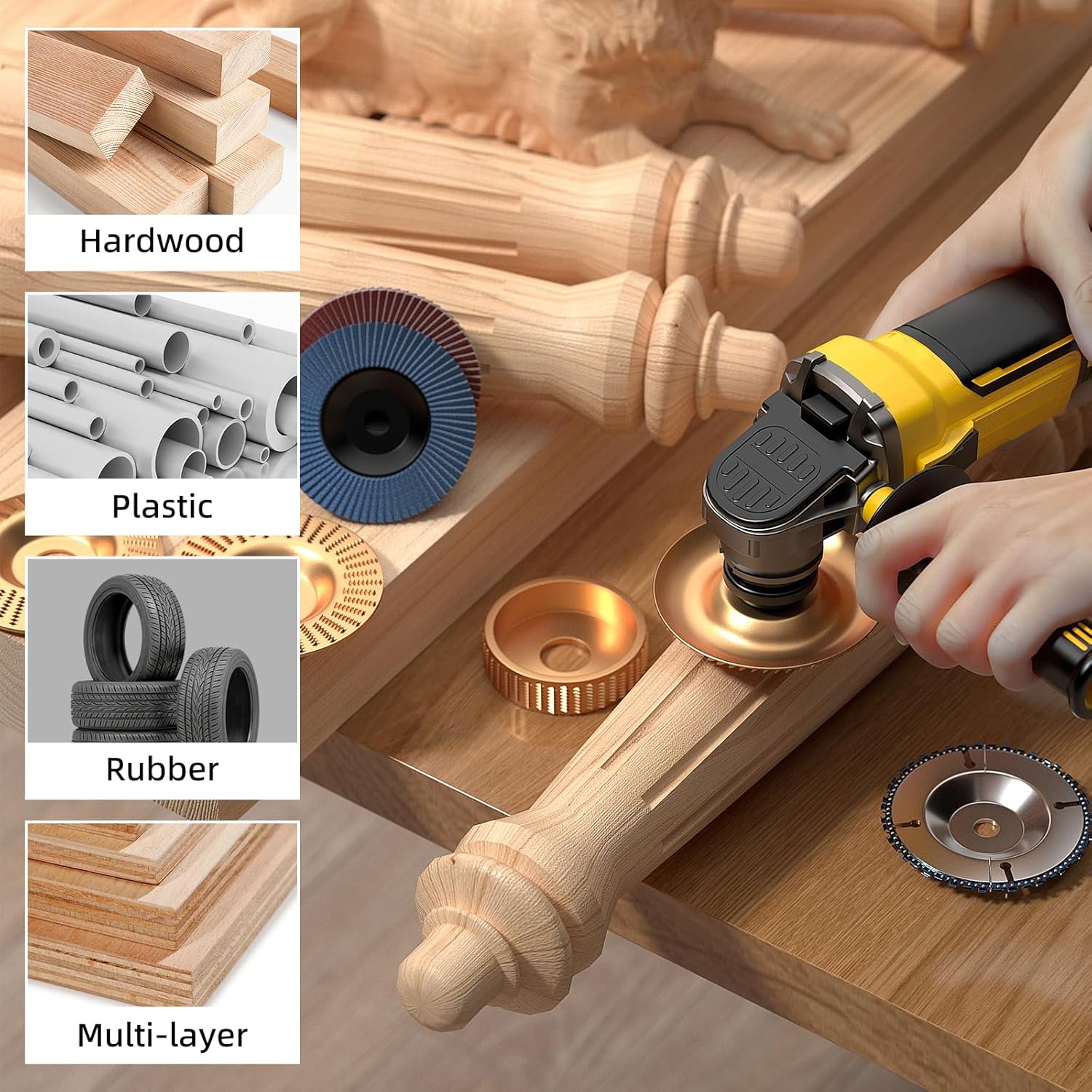 14 PCS Wood Carving Disc Set for 4" & 4.5" Angle Grinder, Tungsten Carbide Grinding Wheel with 5/8" & 7/8" Arbor, Woodworking Tool for Cutting, Shaping, Carving & Sanding