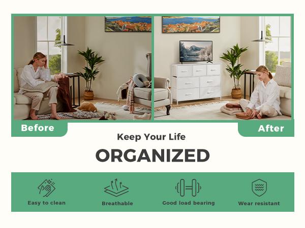 【Deal】Drawer Dresser Organizer Storage Drawers Fabric Storage Tower with 7 Drawers, Chest of Drawers with Fabric Bins, Steel Frame, Wood Top