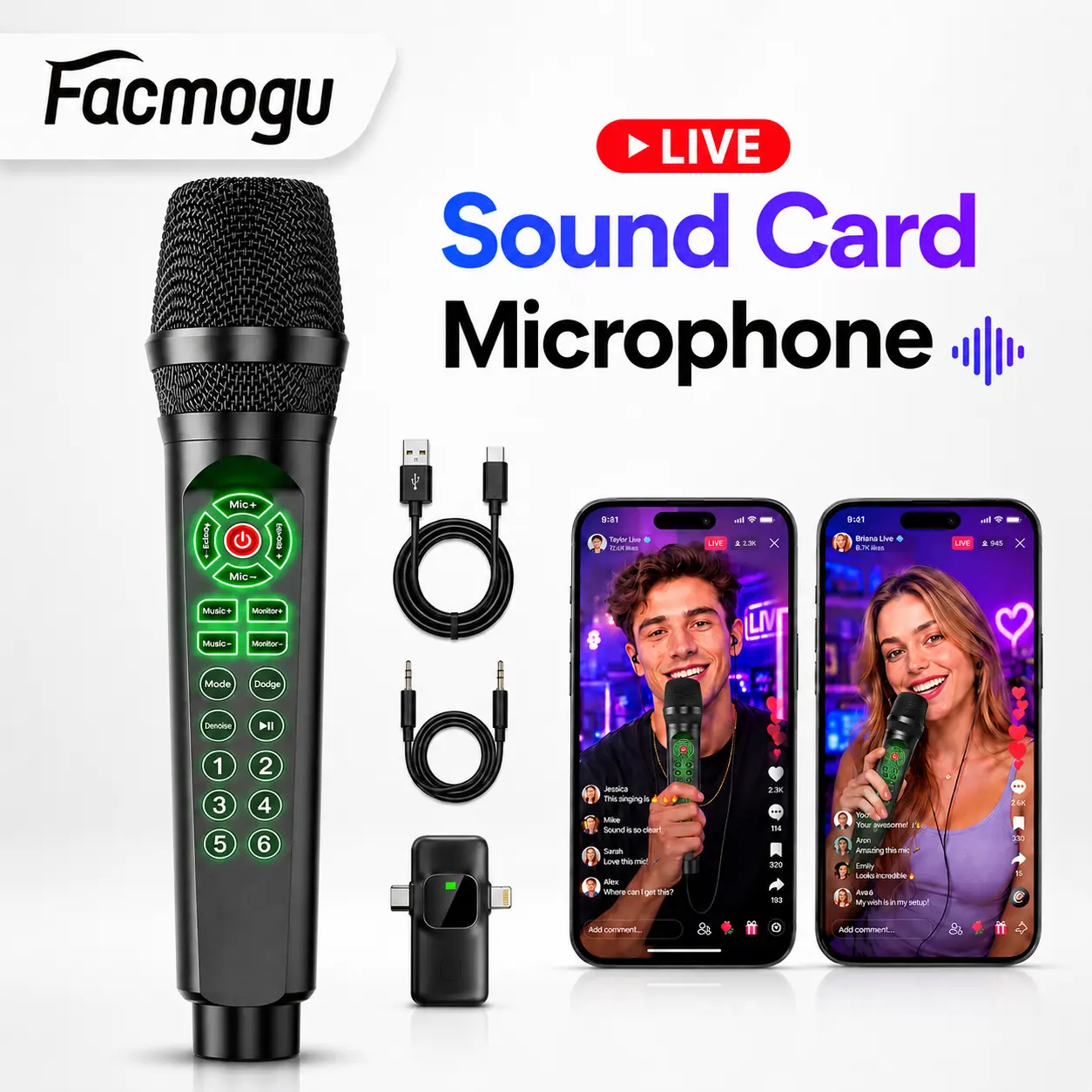 [Facmogu]Handheld Sound Card Microphone for TikTok Live, Phone & PC, USB-C/Lightning Receiver, Voice Effects, Reverb, Denoise & Headphone Monitoring — No Built-In Speaker, Plug, Button, Android