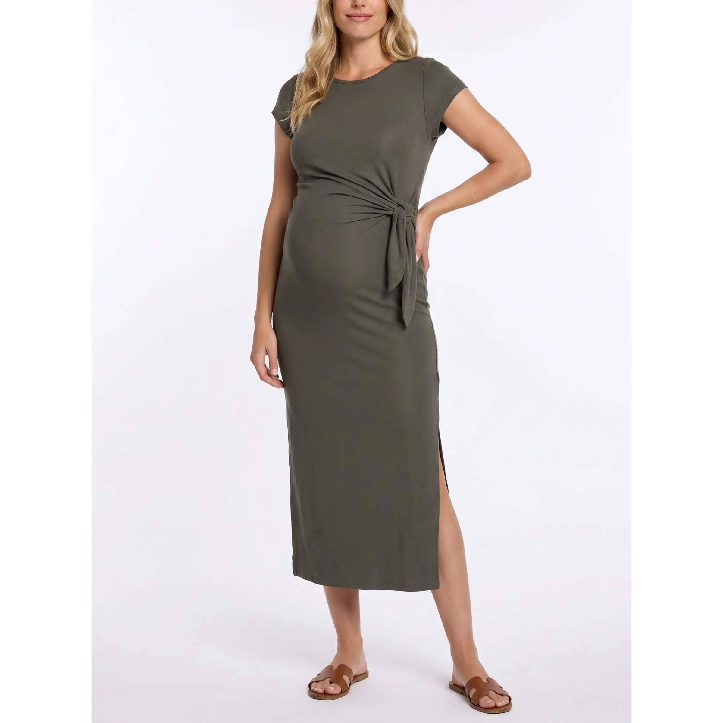 Motherhood Maternity Women's Crew Neck Short Sleeve Side Tie Midi Maternity Dress - Pregnancy & Postpartum Dress