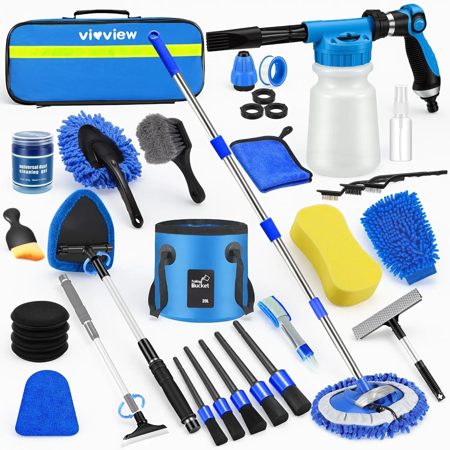 【TikTokShopBackToSchool】36Pcs Blue Car Wash Detailing Kit，Car Cleaning Set with Foam Gun Sprayer，Long-Handle Brush Mop，Large Collapsible Bucket，Complete Car Wash Supply Gift for Men and Women