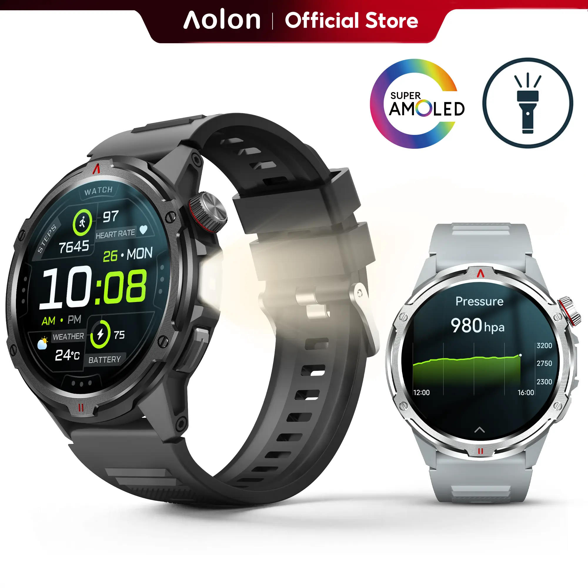 【Built-in AGPS】Aolon Tetra R4 46mm AMOLED Smart Sports Watch — LED Lights, Wireless Calling, Message Alerts, Sports Modes, Voice Assistant, Weather Updates, Stopwatch & Timer, Compatible with Android & iPhone. #travel essentials#back to school tiktokshopb