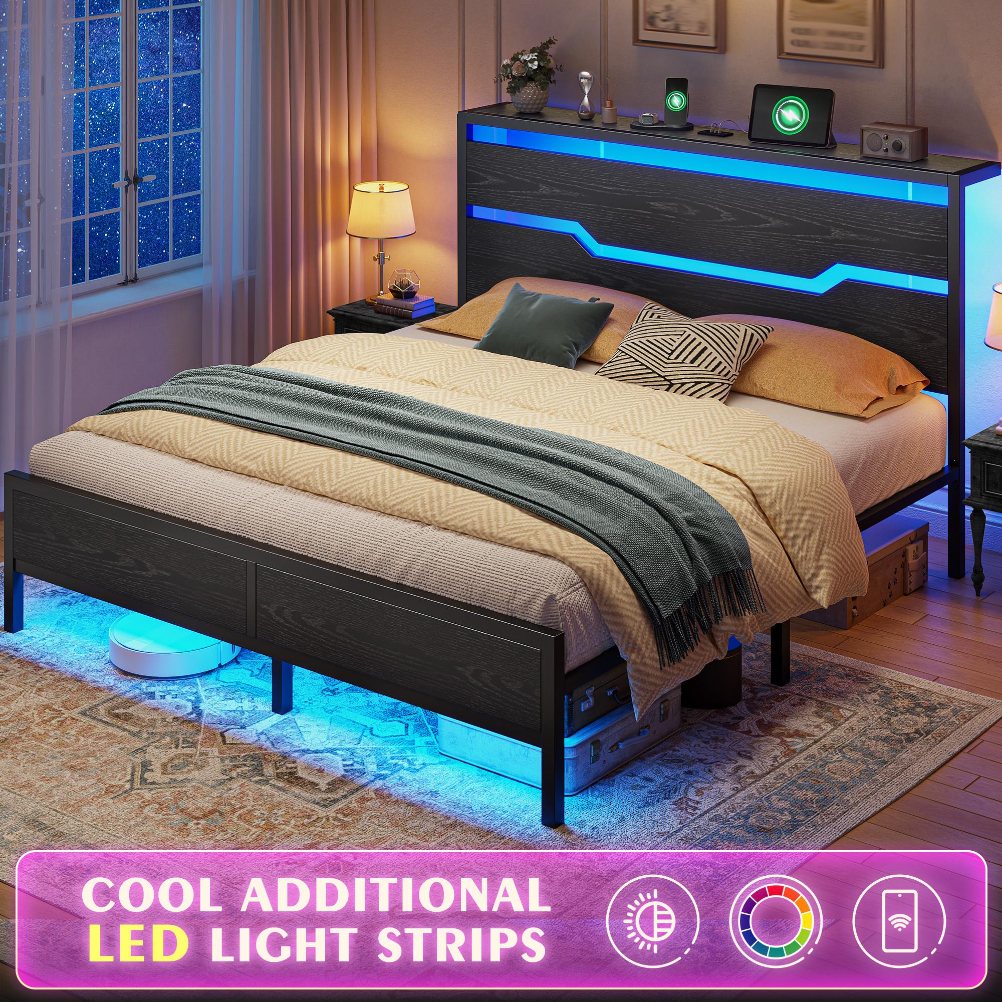 Wood Bed Frame for Queen King Full with Headboard & Storage Shelf, Queen Size Bed Frame with LED Lights & Charging Station,  No Mattress, Holds up to 900LBS with Metal Slats & Frame, No Noise