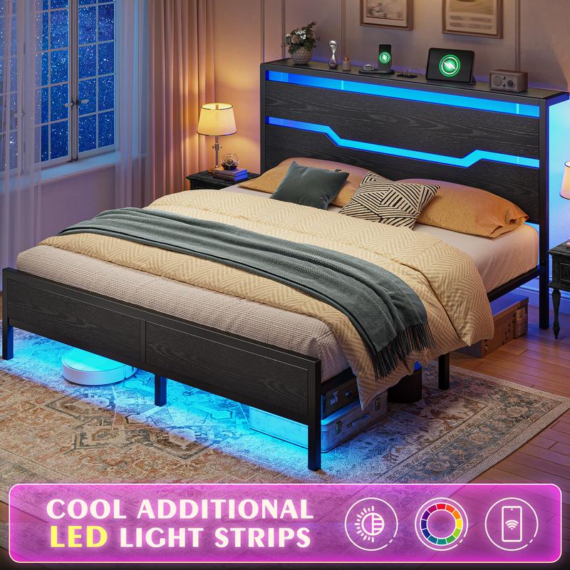 Wood Bed Frame for Queen King Full with Headboard & Storage Shelf, Queen Size Bed Frame with LED Lights & Charging Station, No Mattress, Holds up to 900LBS with Metal Slats & Frame, No Noise Wood Bed Frame for Queen King Full with Headboard & Storage Shelf, Queen Size Bed Frame with LED Lights & Charging Station, No Mattress, Holds up to 900LBS with Metal Slats & Frame, No Noise