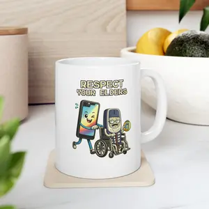 Respect Your Elders Mug – Funny Retro Tech Meme – Nokia & Tamagotchi Coffee Cup Gift for Millennials & Gen Z