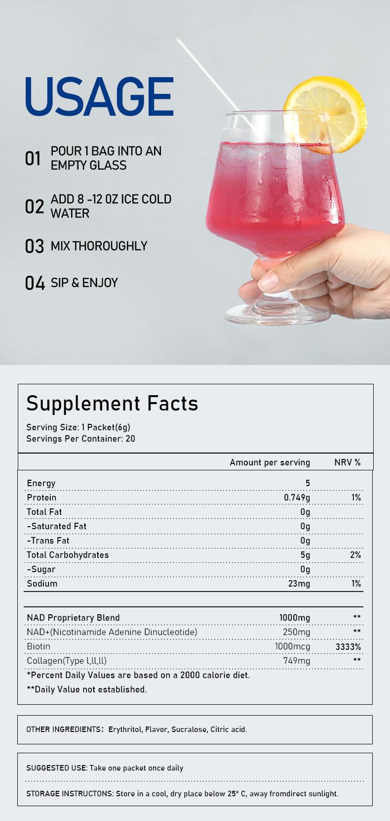 DSDD NAD Plus Biotin Collagen Berry Flavor Drink Mix for Anti Aging Support Hair Growth Glass Skin Boost Energy Anti Aging Supplements Beauty Healthcare