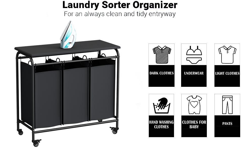 3 Bags Laundry Sorting Basket with Ironing Board and Detachable Waterproof Bag, Heavy-duty Rolling Lockable Wheel Laundry Cart Deals For You Days