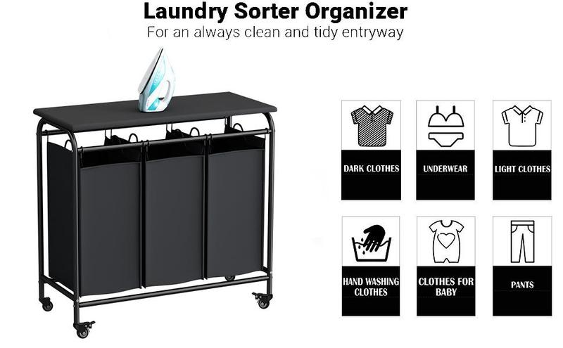 3 Bags Laundry Sorting Basket with Ironing Board and Detachable Waterproof Bag, Heavy-duty Rolling Lockable Wheel Laundry Cart Deals For You Days