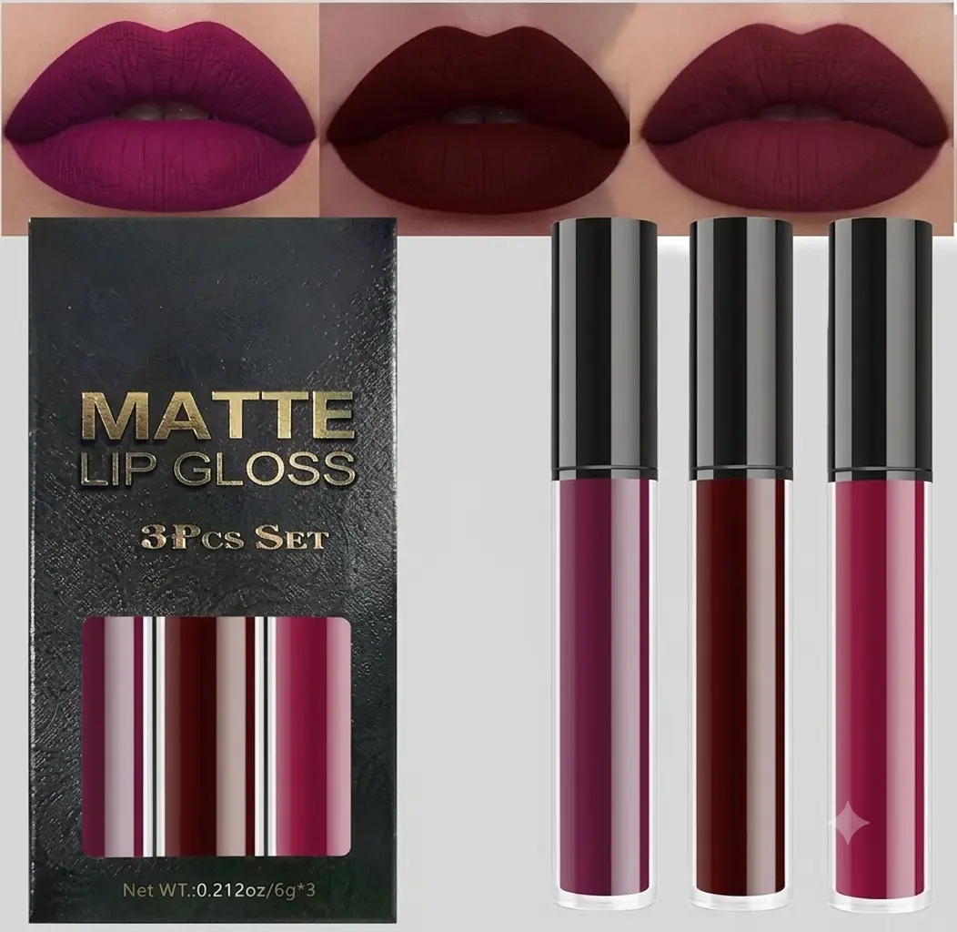 Dark Red Purple Matte Plum Liquid Lipstick 3Pcs Sets,24-hour Lipstick Dark Deep Maroon Purple Brown Plum Red Lip Stain 24 Smudge Waterproof for Women