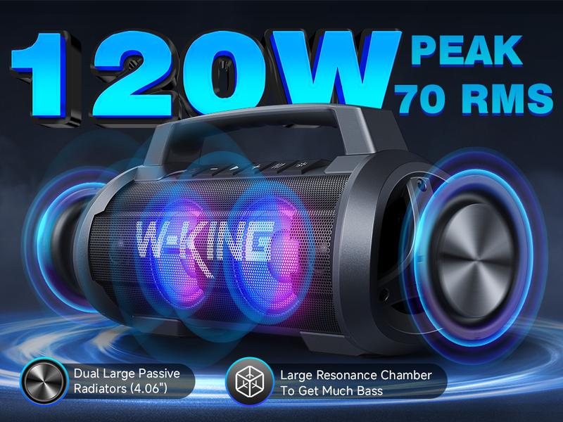 W-KING 120W Portable Bluetooth Speaker, IPX6 Waterproof Speakers Wireless Bluetooth 5.4, Loudest Speaker Bluetooth for Party, Outdoor, Pool, Beach, Large Boombox Speakers with Subwoofer/Deep Bass/DSP/Stereo Pairing/EQ/42H/Power Bank/AUX/TF