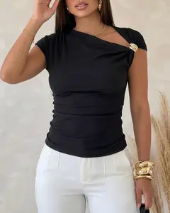 CHICME Women's Asymmetric Metal Buckle Ribbed Top - Elegant One Shoulder Sleeveless Slim Fit Tee, Quiet Luxury Office Siren Aesthetic Blouse