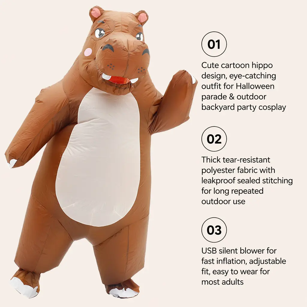 Inflatable Hippo Costume for Adults, Cute Cartoon Brown Hippo Blow Up Suit, Waterproof Tear Resistant Polyester Cosplay Outfit with USB Silent Fan, Perfect for Halloween Parade, Backyard Party & Viral TikTok Video Shoot