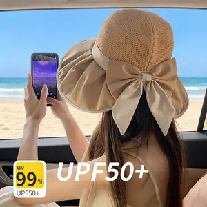 Wide-brimmed bow-tie high-end sun hat, stylish and casual sun protection hat, black vinyl fisherman hat.