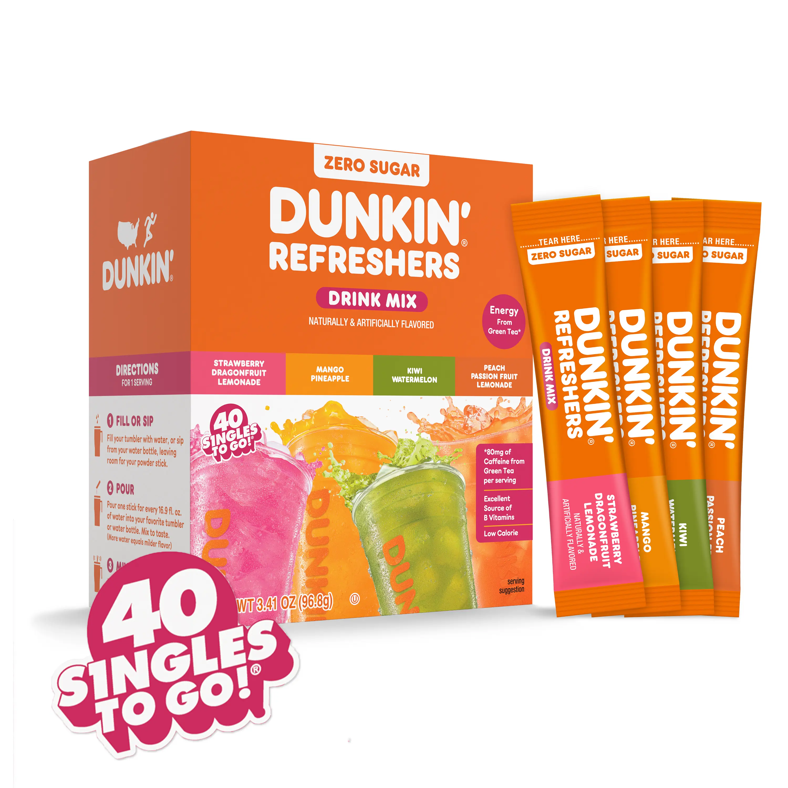 Dunkin' Refreshers 40ct Sugar-Free Singles To Go! Drink Mix Packets - No artificial dyes, Aspartame-Free, Energy From Green Tea