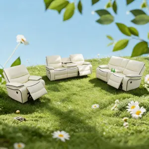 A Ainehome Off-White Bonded Leather Living Room Intelligent Recliner 3-Piece Sofa Set Classic Design for Comfort & Style