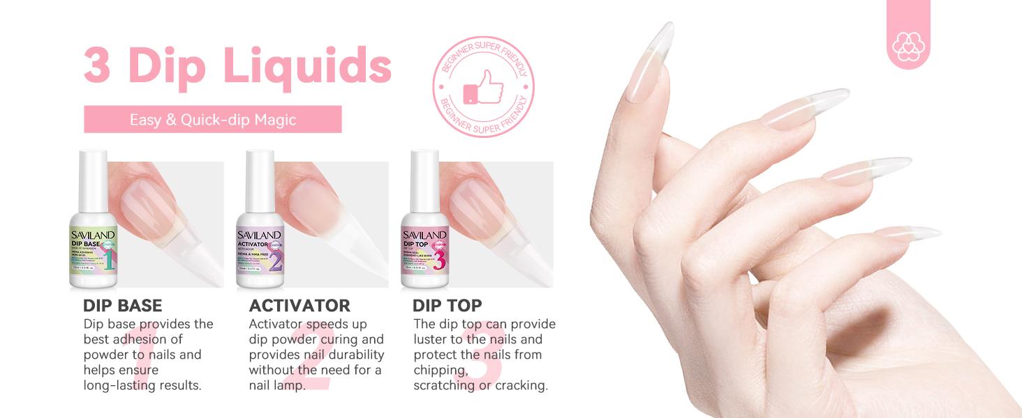 SAVILAND Clear Nail Dip Powder Kit Starter: 60g 2oz Kreatin Dip Powder Nail Liquids Dipping Powder Activator Base Top Coat Professional Dip Nail Kit Repair for French Manicure Salon Home DIY Nail Art