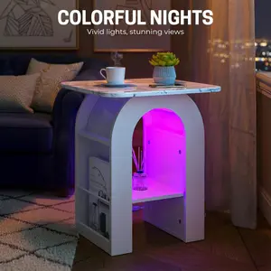 Small End Tables Living Room Set of 2 for Small Spaces,19" Marble Top Nightstand with RGB Strip, Side Table with Storage Shelf(White) coffee led app control