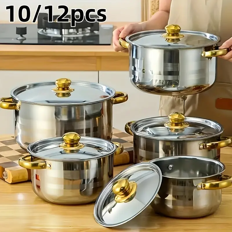 10/12pcs Stainless Steel Cookware Set - Non-Stick Frying Pan, Stockpot And Milk Pot with Lid - Multi-Functional Kitchen Essentials, No Charging, No Batteries, Orange