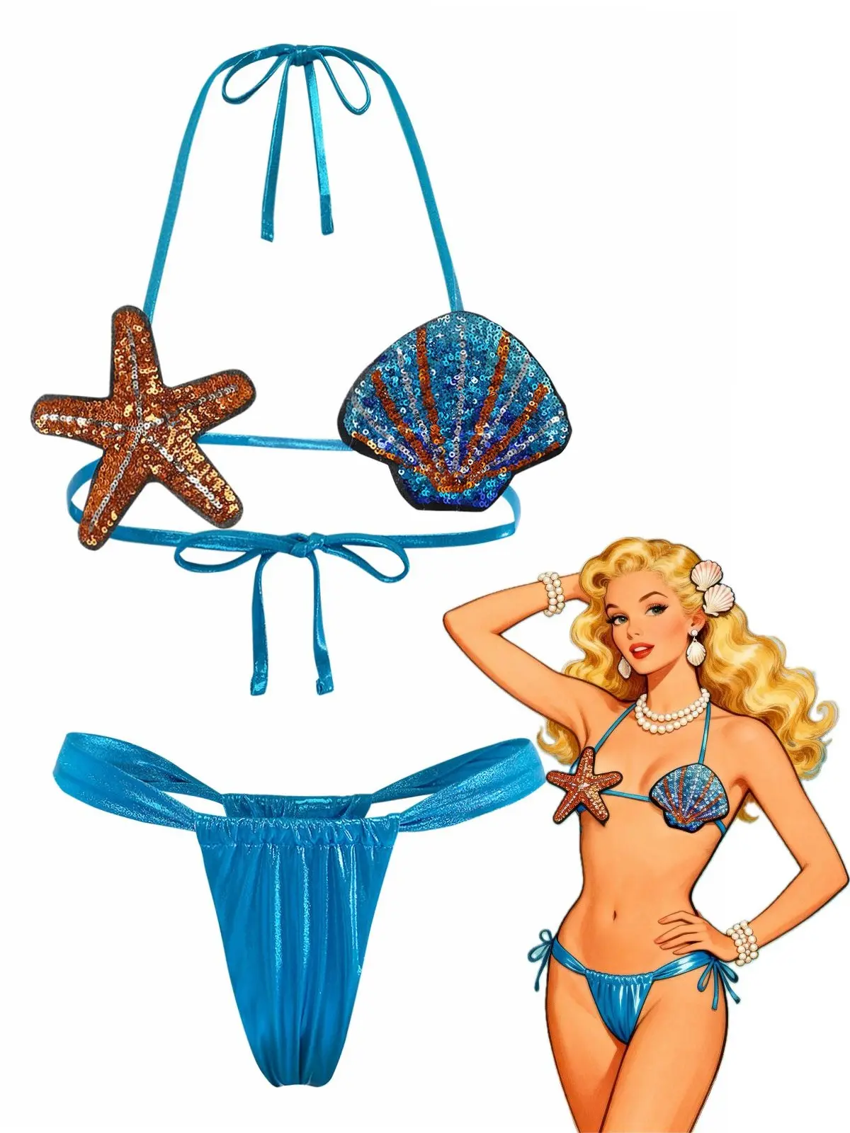 Blue 1970s Shell & Starfish Bikini Set vacation swimwear for women cute summer outfits