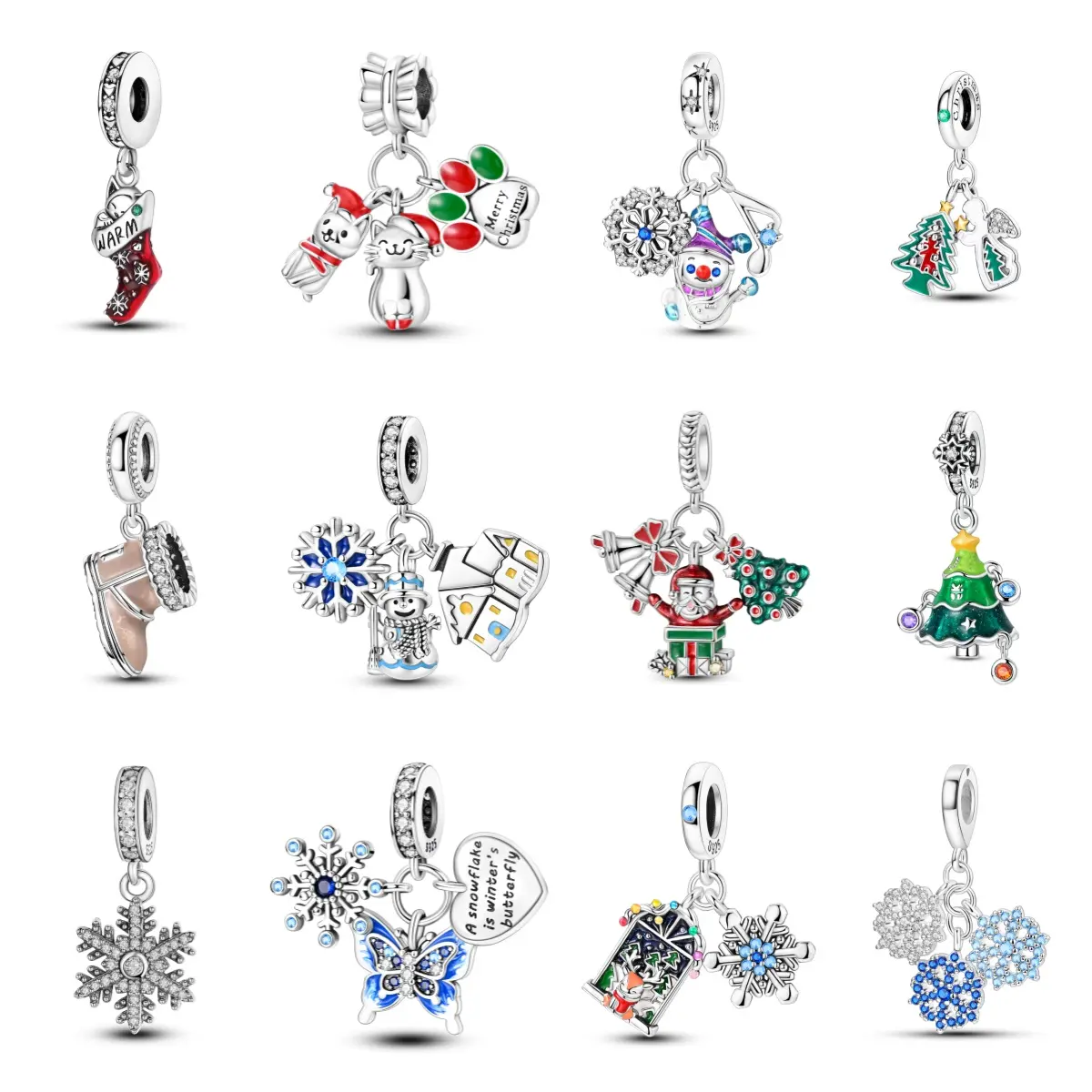 MULA Silver-Plated Enamel Christmas Charms with Santa Claus & Animals, Festive Holiday Gift for Girl, Pandora Compatible, Cubic Zirconia, Jewelry For Women