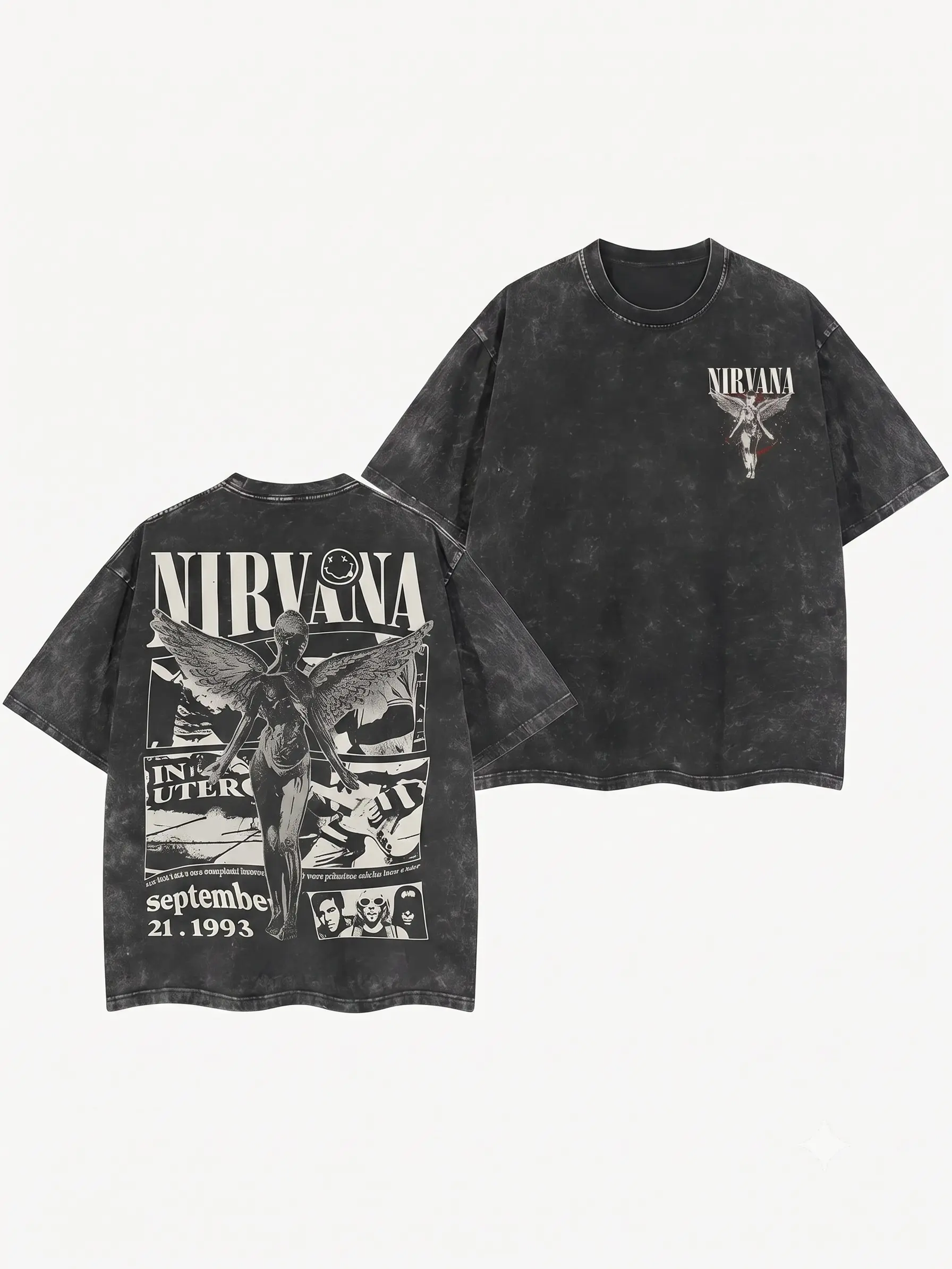Men's Vintage Wash Nirvana Angel Poster Print T-Shirt - Unisex Oversized Loose Fit, Front & Back Graphic, Short Sleeve Cotton Rock Band Tee