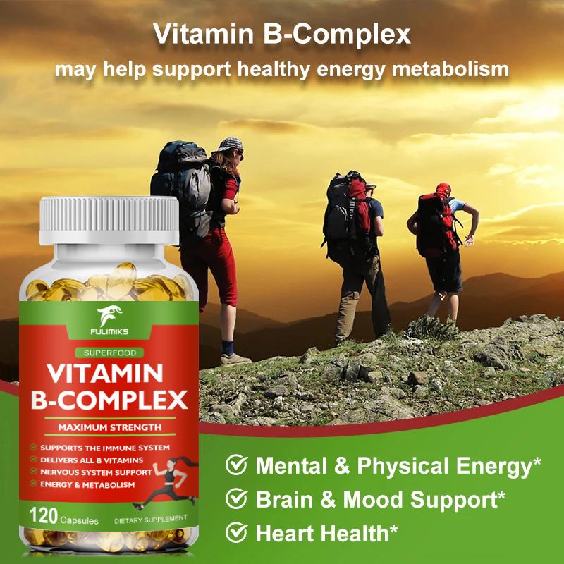 Vitamin B Complex for Men & Women - Riboflavin B2, B12, B1, B3, B5, B6, B7, B8, B9 | Vitamin C, Choline, Inositol - B-Complex Supplement - Energy, Brain & Heart Support - 120 Vegan Capsules