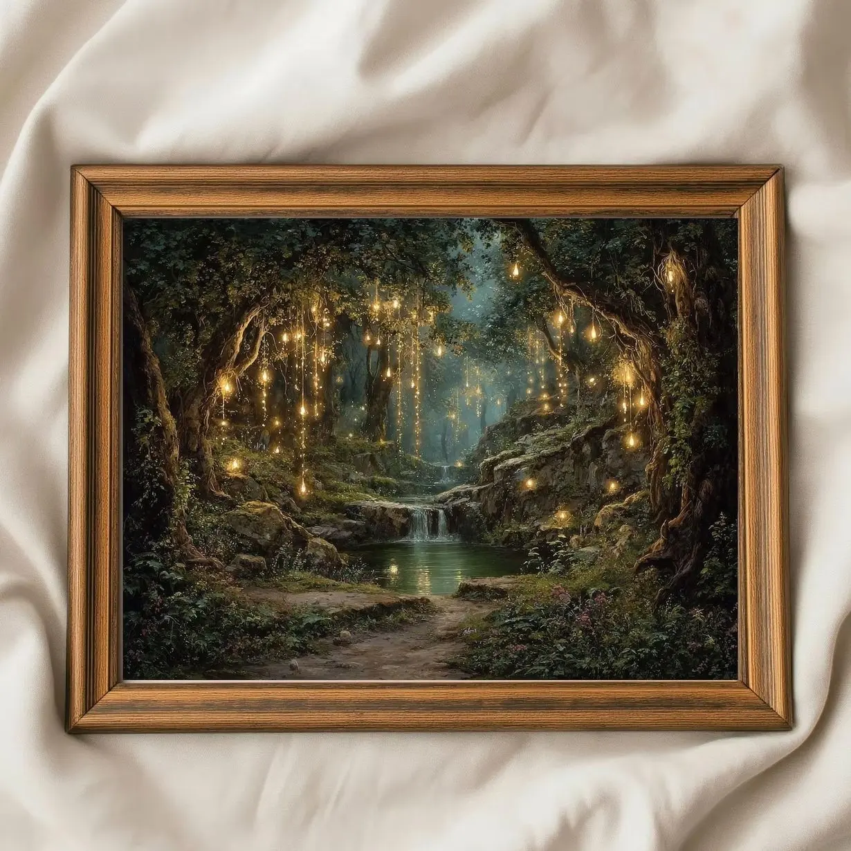 Enchanted Waterfall Poster, Woodland Fantasy Art Print, Mystical Forest Wall Decor 1