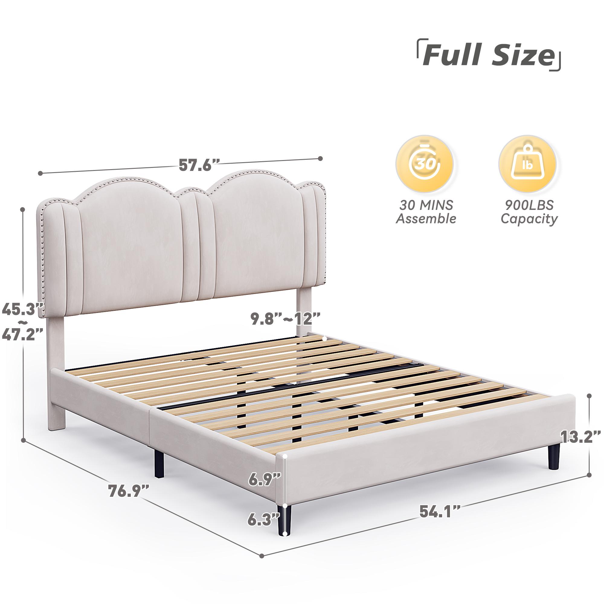 Raybee Furniture Pricess Bed Frame with Led Light, Elegant bed Frame with Headboard Adjustable, Upholstered Bed Frame, No Box Spring Needed