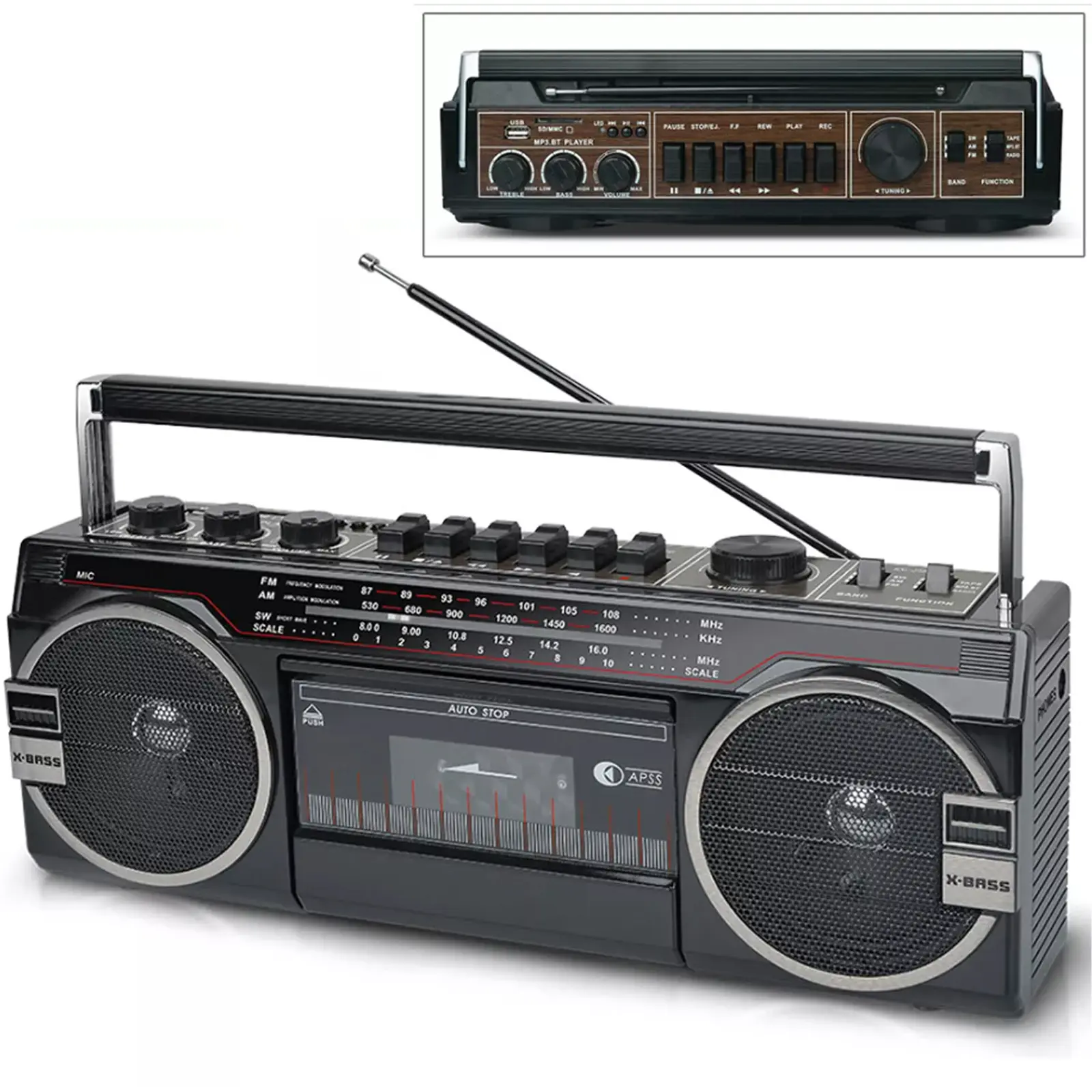 1980s Style Boombox Radio Cassette Player Recorder - AM/FM/SW Audio Stereo Receiver, Bluetooth Wireless, Digital USB, SD Card Functionality