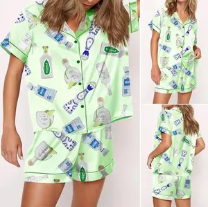 Tequila Bottles Pajama Set For Women Print Comfy Satin Sleepwear & Loungewear Pjs Printing Silky Top & Bottoms (Green)