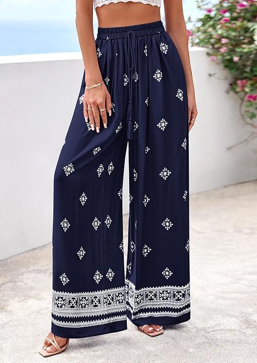 PrettyGarden Women's Wide Leg Palazzo Pants  Summer Boho Floral Trousers Spring Flowy Beach Vacation Clothes Resort Wear
