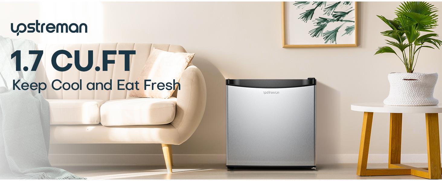 Upstreman mini fridges 1.7 Cu Ft with Freezer FR17 Adjustable Thermostat Energy Saving Low Noise Single Door Compact Refrigerator for Dorm Office Can Bedroom stainless Steel fridge mini  brands Small pantry drink fridge skincare fridge