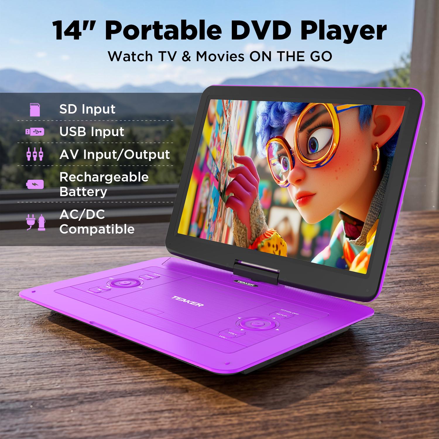 14.9" Portable DVD Player  Swivel HD Screen, CD Player, Dual Speakers, 6H Rechargeable Battery, Region Free, Remote Control, TV Sync, USB/SD Multi-Format Support (No Blu-ray)