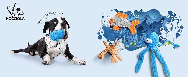 Nocciola 4 PCS Sea Creatures Crinkle Squeaky Dog Toys, Octopus Shark Crab Mussel Toys, Interactive Toys for Small, Medium & Large Dogs, Durable for Aggressive Chewers