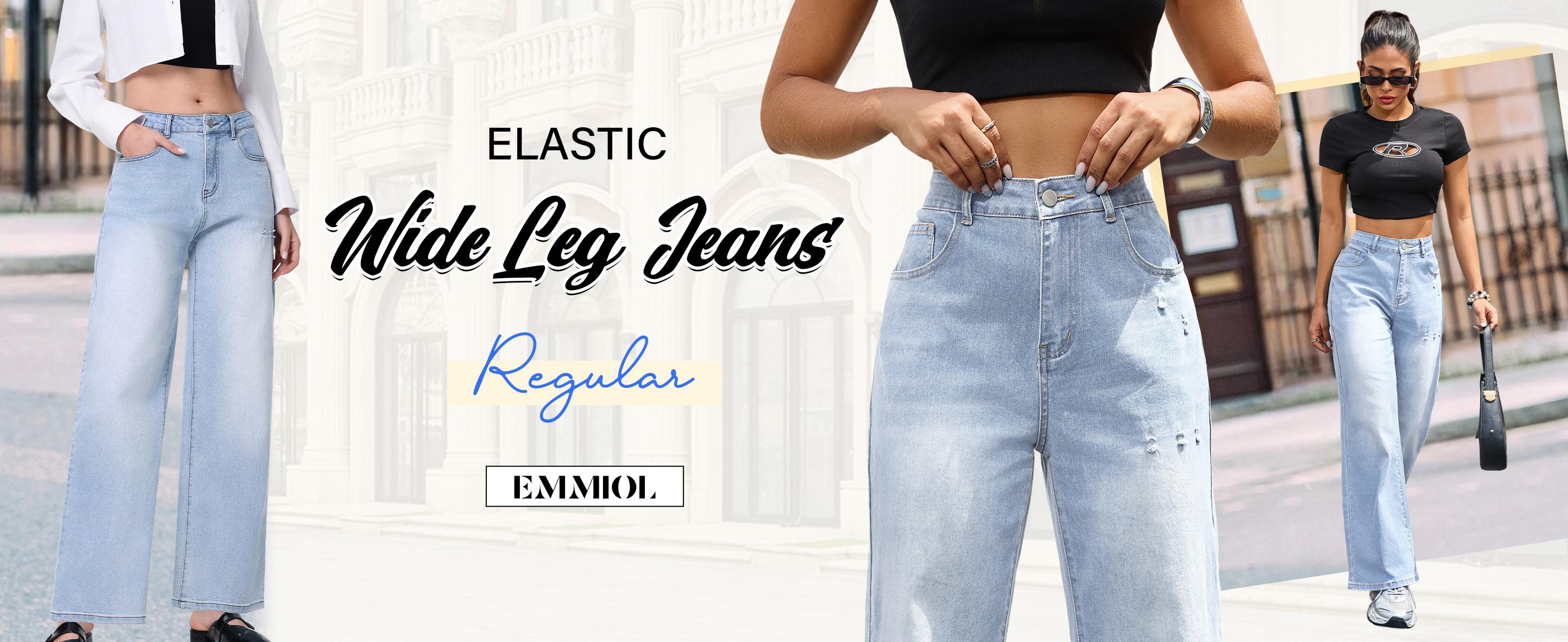 EMMIOL Women's Trendy Casual Denim Pants - Elastic High Rised Wide Leg 2025 Style All Seasons Comfortable Fit