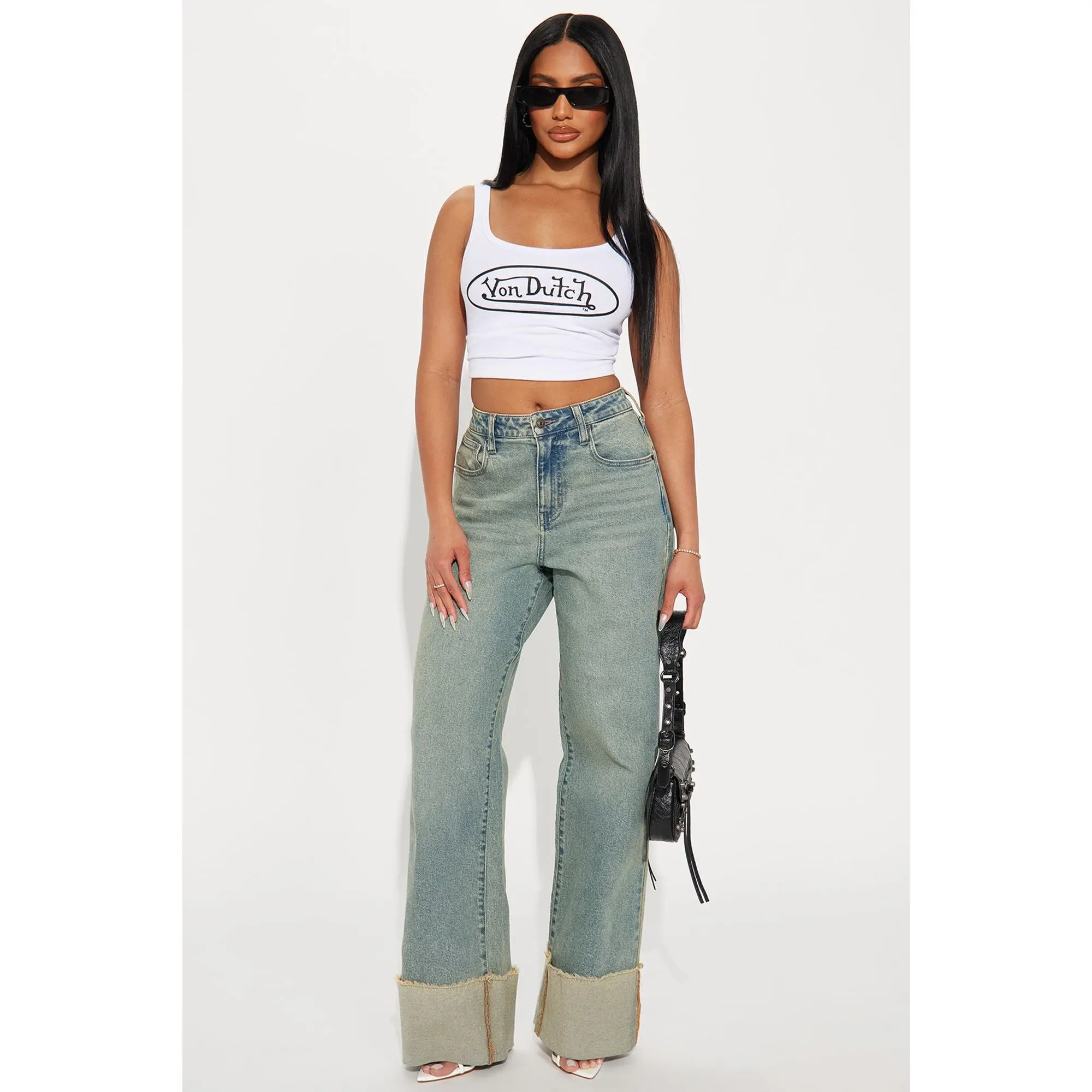 All The While Cuffed Wide Leg Jeans - Vintage Wash