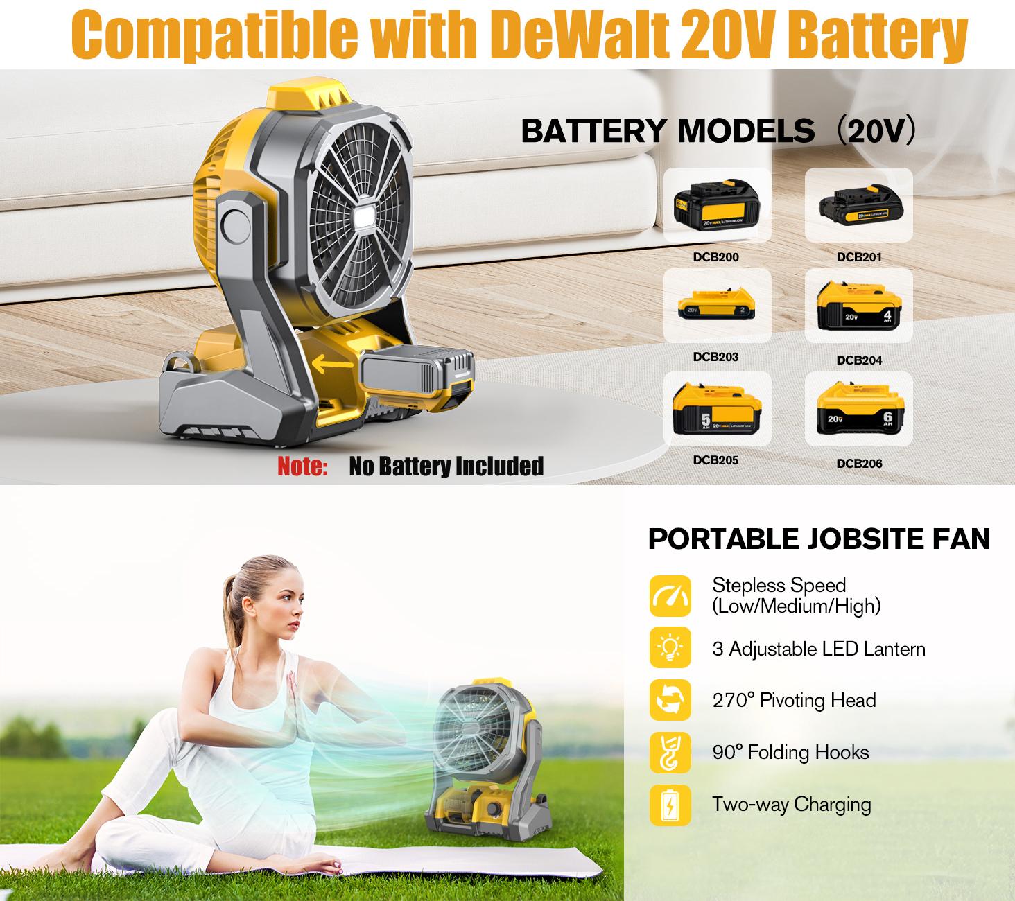 High Velocity Adjustable Cooling Rechargeable Fan for DeWalt 20V Max Battery, Cordless Battery Operated Fan with LED Lights & Hanging Hook, Variable Speed, for Jobsite & Camping(Battery Not Included)