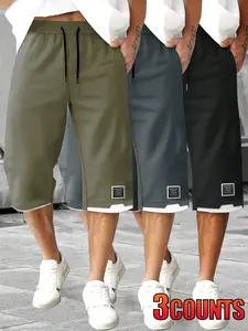 Men’s casual faux two-piece shorts, 3-pack, with pockets and drawstring, polyester fabric, lightweight and breathable, for summer outdoor leisure and everyday wear