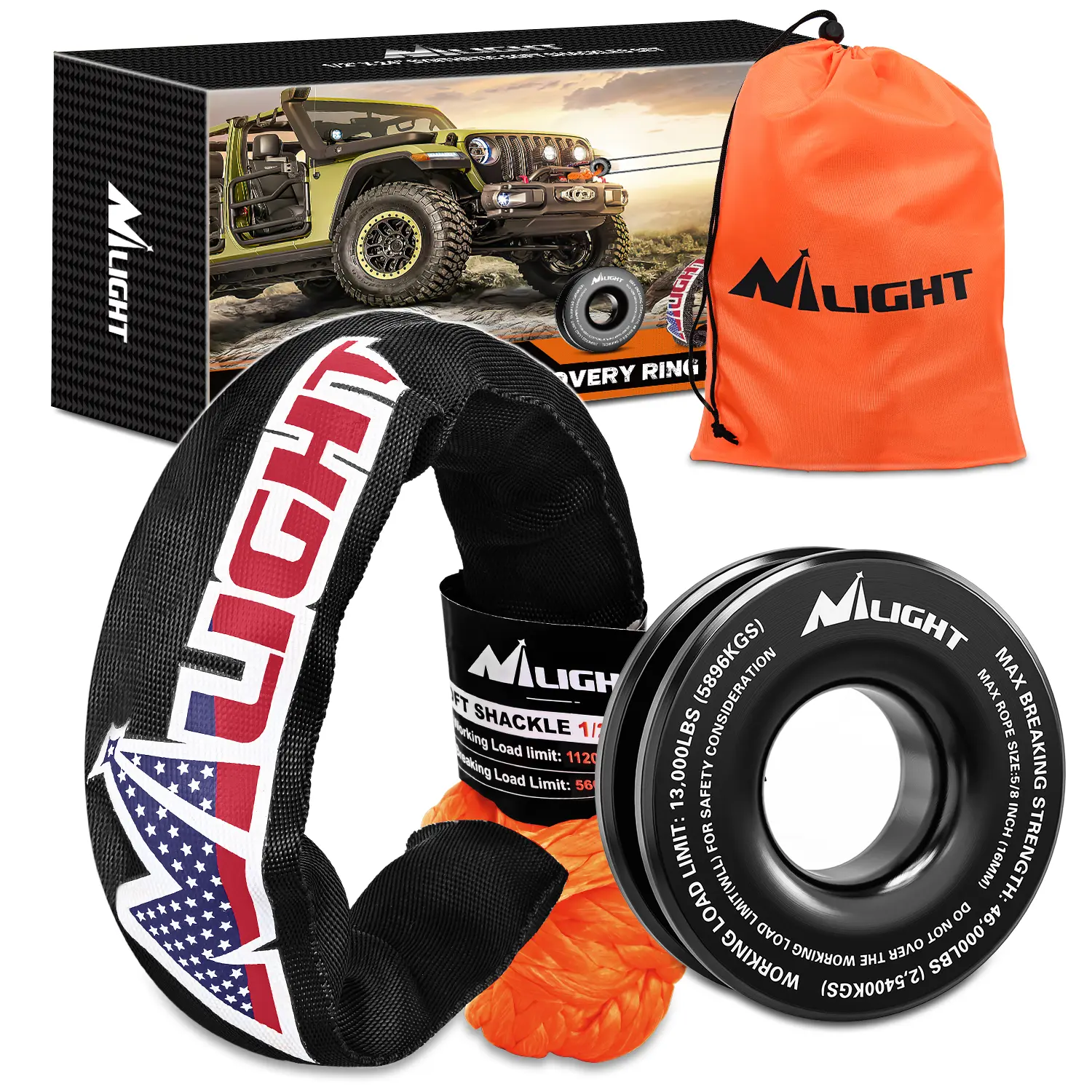 Nilight 1/2 inch x 24in Premium Webbing Synthetic Soft Shackle & Recovery Ring Kit - 56000 LBS Breaking Strength Winch Rope Shackle, 46000 LBS MBS Snatch Ring for Truck, ATV, SXS, SUV Off-Road Towing Hardware