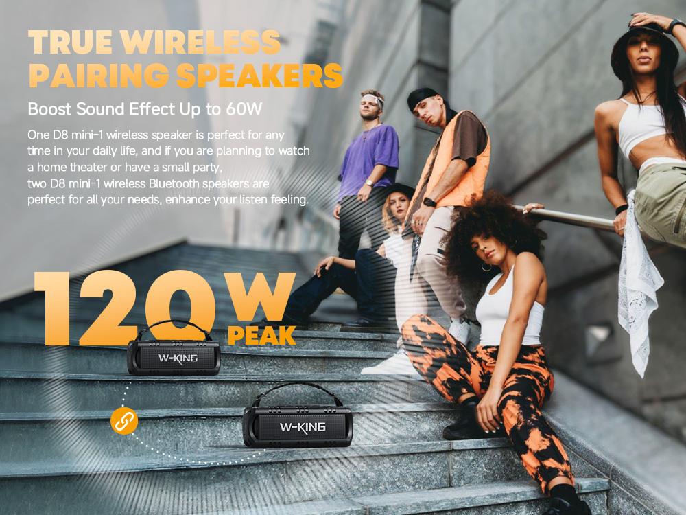 W-KING 60W Peak D8 Mini Portable Bluetooth Speaker, IPX6 Waterproof, 30W Wireless, 24-Hour Playtime, Powerful Bass, NFC, TF Card, USB Playback, Built-in Mic, AUX-IN, for Home, Outdoor Adjustable Subwoofer