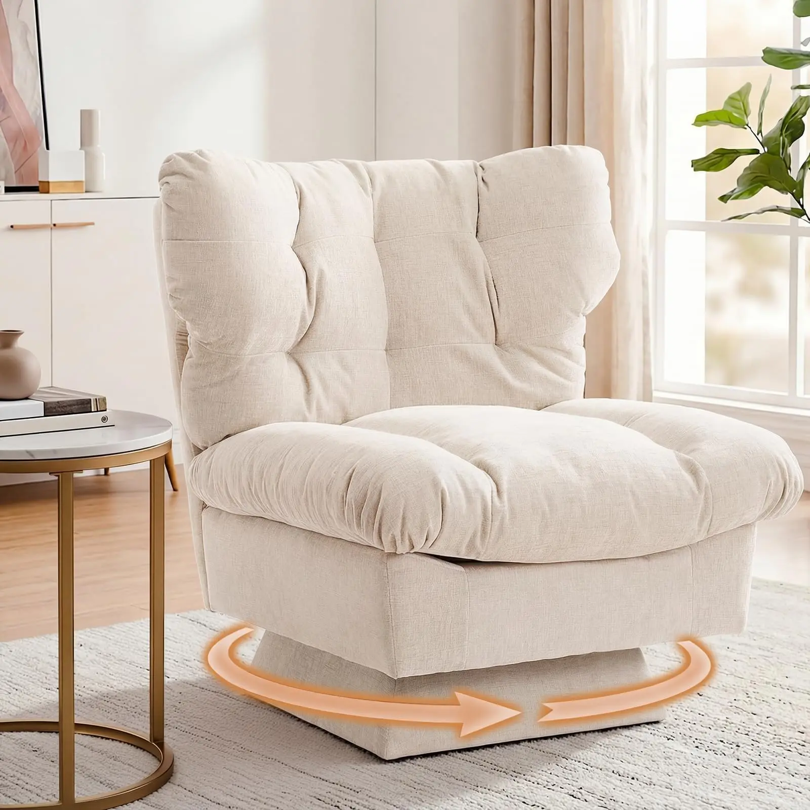 Garvee Oversized Beige Chenille Swivel Accent Chair with 360° Rotation, Thick Cushion Upholstered Reading Chair, Cozy Club Chair for Living Room, Bedroom, or Office, Supports up to 300 Lbs