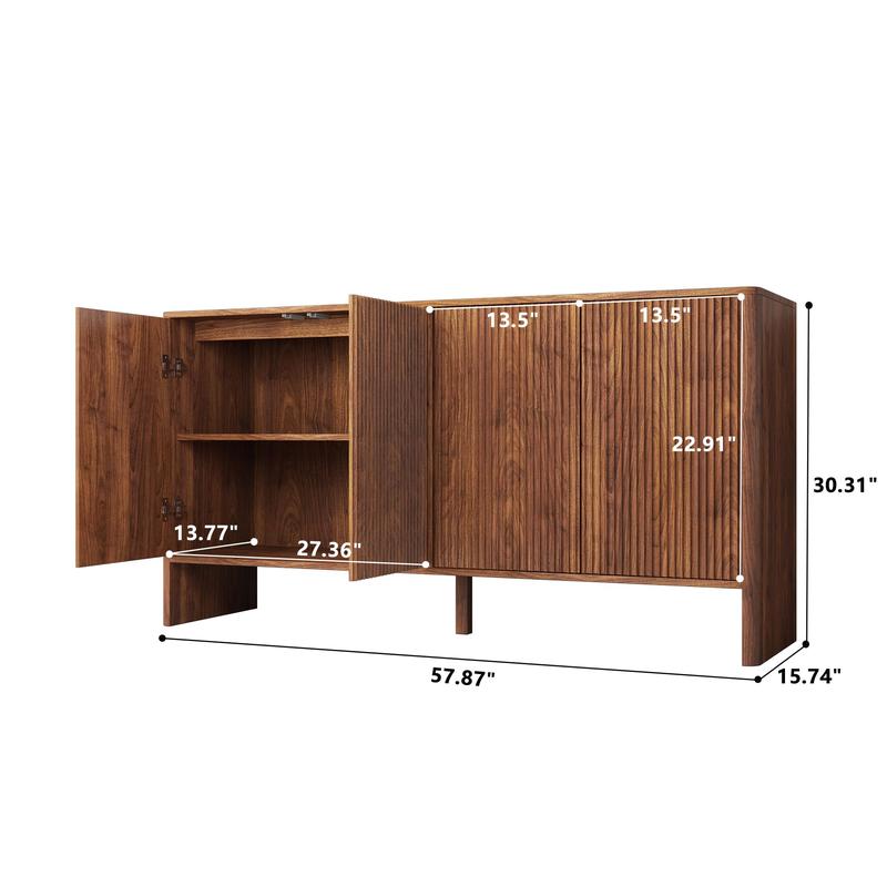 Giratree 57.87" Sideboard Buffets Cabinet, Modern Accent Storage Cabinet with 4 Fluted Doors and Adjustable Shelves, Wood Credenza Buffet Sideboards, Console Table for Kitchen Dining Living Room Entryway