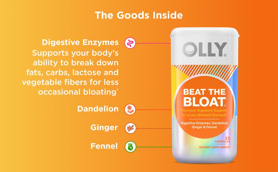 OLLY Beat The Bloat Capsules, Digestive Support Enzymes, Supplement for Women - 25 Count
