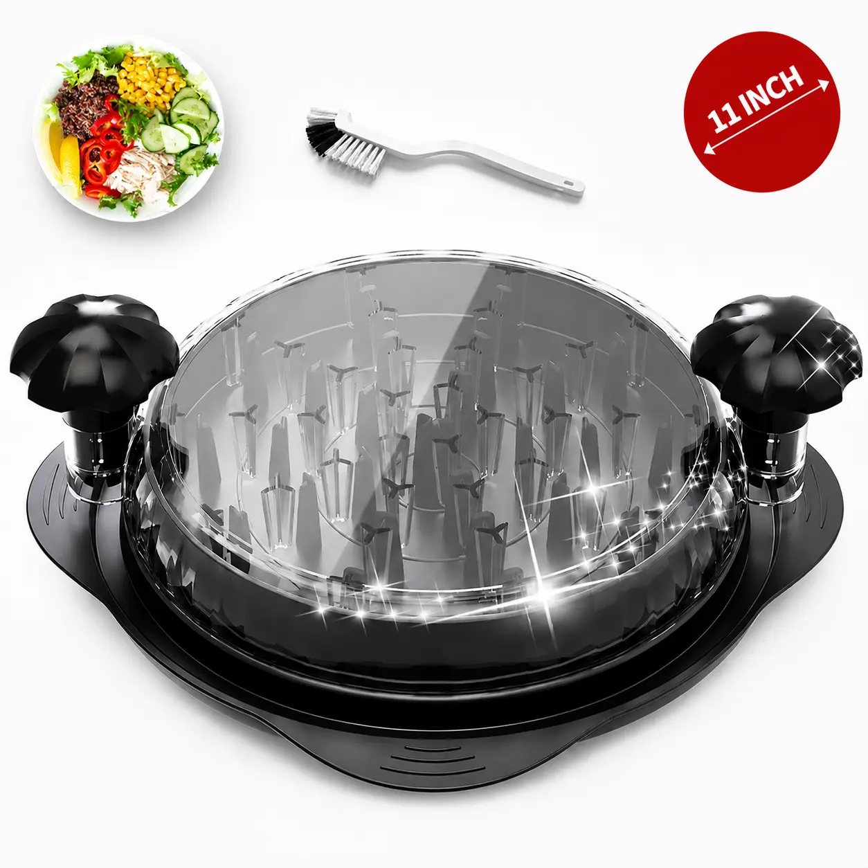 11-Inch ABS Round Chicken Shredder Tool for Meal Prep & Faster Family Cooking, Large Capacity Bowl with Visible Lid, Twist Handle, Ergonomic Grip, Anti-Slip Base, Dishwasher-Safe Kitchen Accessory for Chicken, Pork, Vegetables, Black Gadget