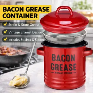 Bacon Grease Container with Strainer - Large 46OZ Red Kitchen Oil Storage Can, Food Saver Bin with Lid | Farmhouse Cooking Pot