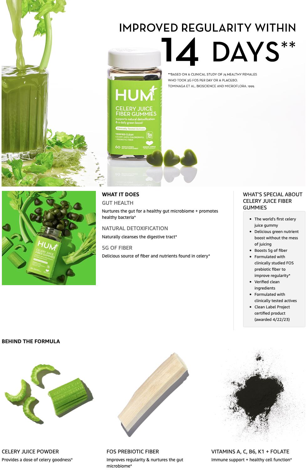 HUM Celery Juice Fiber Gummies for Detox & Gut Health - 60 Vegan Gummies with Chlorophyll & Prebiotic Fiber - Non-GMO, Soy-Free, Gluten-Free - Daily Green Boost