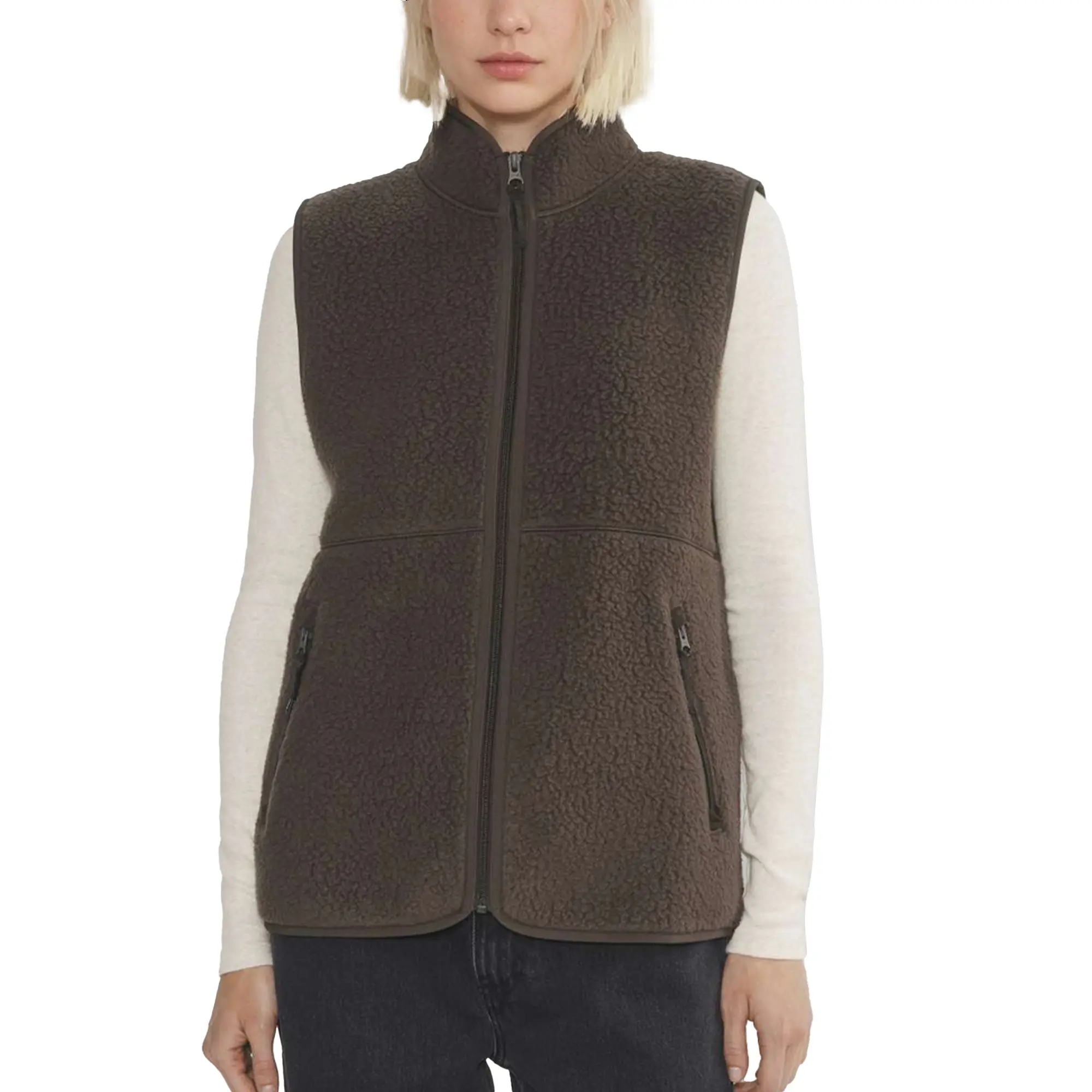 Songling Women's Wearable Minimalist Sherpa Fleece Fabric Vest, Lightweight Zip-Up Outdoor Tops with Mock Neck and Pockets, Lady, Casual,clothes for back to school,first day of school outfits